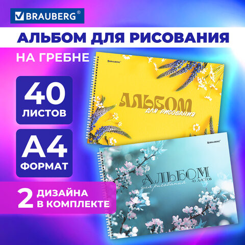 Альбомы д/рис. А4 40л, КОМПЛЕКТ 2шт, гребень, обложка картон, BRAUBERG, 200х283мм, Соцветие, 106737 по низкой цене оптом 