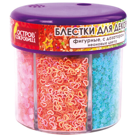 Блестки для декора, поделок, DIY, творчества, оформления, ФИГУРНЫЕ, ОСТРОВ СОКРОВИЩ, НЕОН, диспенсер с дозатором, 6 цветов по 9 г, 662226 по низкой цене оптом 