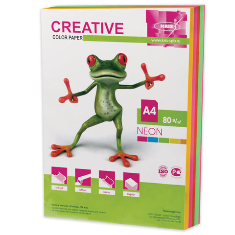 Бумага цветная CREATIVE color, А4, 80 г/м2, 250 л., (5 цветов х 50 листов) микс неон, БНpr-250r по низкой цене оптом 