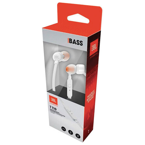 Наушники с микрофоном (гарнитура) JBL T110 WHT, проводные, 1,2 м, вкладыши, стерео, белые, T110WHT по низкой цене оптом Краснодар, Москва, Уфа, Казань, Барнаул, Владивосток, Хабаровск, Сахалин, Красноярск, Екатеренбург, 