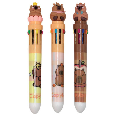 Ручка многоцветная с топпером шариковая 10 ЦВЕТОВ "Капибара", ассорти, линия 0,5мм, 7, 77425 по низкой цене оптом Ручка многоцветная с топпером шариковая 10 ЦВЕТОВ "Капибара", ассорти, линия 0,5мм, 7, 77425 по низкой цене оптом