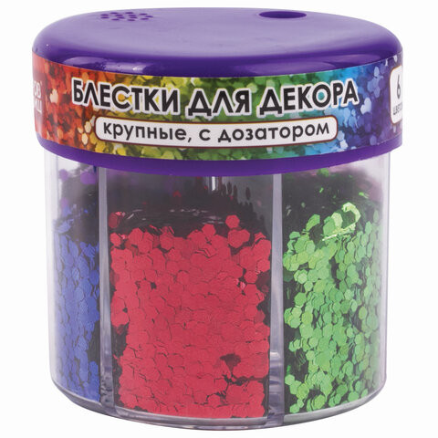 Блестки для декора ОСТРОВ СОКРОВИЩ, крупные, шестигранные, диспенсер с дозатором, 6 цветов по 9 г, 662227 по низкой цене оптом 
