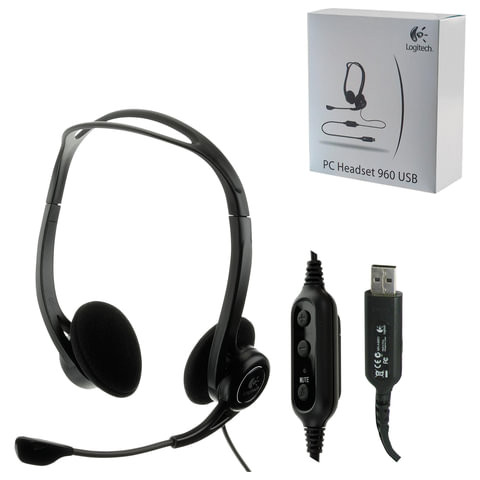 Наушники с микрофоном (гарнитура) LOGITECH PC 960, проводная, компьютерная, 2,4 м, стерео, USB, черная, 981-000100 по низкой цене оптом 