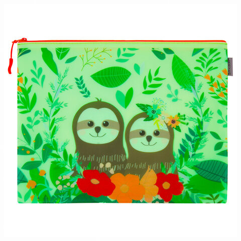 Папка для тетрадей A4 BRAUBERG, мягкий, водонепроницаемая молния, "Sloths", 34х26 см, 229263 по низкой цене оптом 