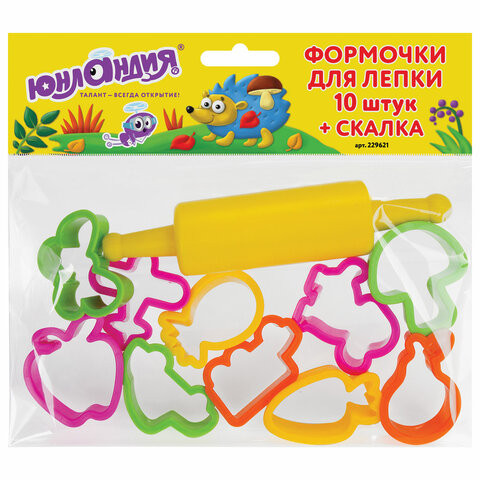 Формочки для лепки 10 штук и скалка ЮНЛАНДИЯ, европодвес, 229621 по низкой цене оптом Краснодар, Москва, Уфа, Казань, Барнаул, Владивосток, Хабаровск, Сахалин, Красноярск, Екатеренбург, 