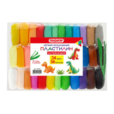 Пластилин лёгкий воздушный застывающий 36 штук (32 цвета + 2 белых + 2 черных), 310 г, 3 стека, ПИФАГОР, 107042 по низкой цене оптом 