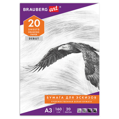Папка для рисования БОЛЬШОГО ФОРМАТА А3, 20 л., 160 г/м2, BRAUBERG, 297х420 мм, "Орел", 125228 по низкой цене оптом Краснодар, Москва, Уфа, Казань, Барнаул, Владивосток, Хабаровск, Сахалин, Красноярск, Екатеренбург, 