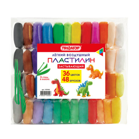 Пластилин лёгкий воздушный застывающий 48 штук (36 цветов + 12 базовых), 410 г, 3 стека, ПИФАГОР, 107043 по низкой цене оптом 