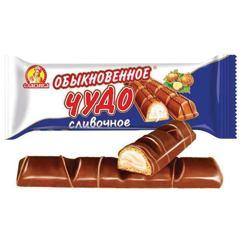 Шоколадный батончик вафельный СЛАВЯНКА "Обыкновенное чудо", сливочный, 55 г, пакет, 30661 по низкой цене оптом 