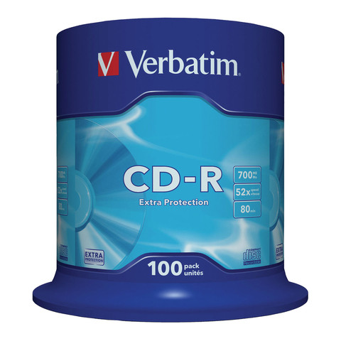 Диски CD-R VERBATIM 700 Mb 52х, КОМПЛЕКТ 100 шт., Cake Box, 43411 по низкой цене оптом 