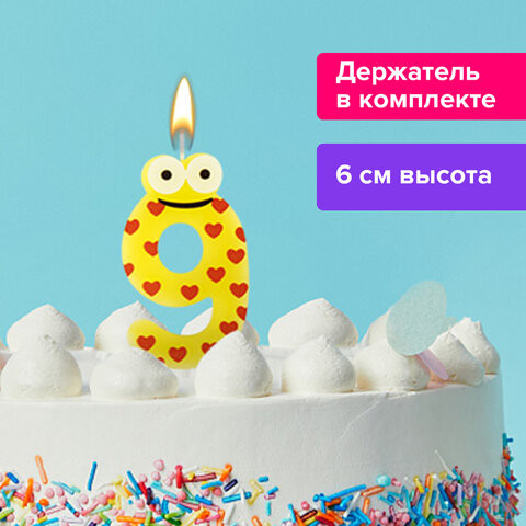 Свеча-цифра для торта "9" "С глазками", 6 см, ЗОЛОТАЯ СКАЗКА, с держателем, в блистере, 591412 по низкой цене оптом 