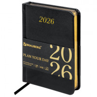 Ежедневник датированный 2026 МАЛЫЙ ФОРМАТ 100х150мм А6, BRAUBERG Iguana, под кожу, черный, 117252