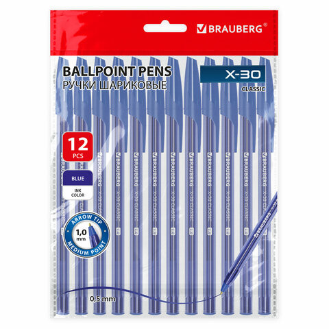 Ручки шариковые BRAUBERG X-30 CLASSIC, КОМПЛЕКТ 12 ШТ., СИНИЕ, пишущий узел 1 мм, линия письма 0,5 мм, 144332 по низкой цене оптом 