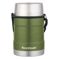 Термос 1,2л RIBBED, для еды/напитков с широким горлом, контейнер, нержавеющая сталь SUS304, ремешок, оливковый, BOOMHOUSE (БумХаус), 700323