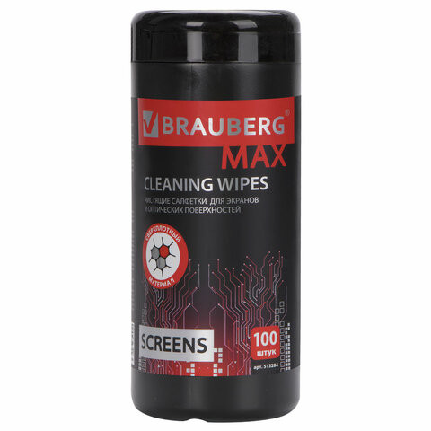 Салфетки для экранов всех типов и оптики BRAUBERG MAX ПЛОТНЫЕ, 13х17 см, туба 100 шт., влажные, 513284 по низкой цене оптом 
