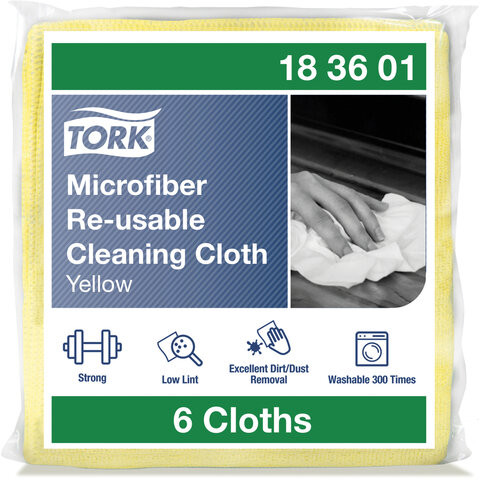 Салфетки многоразовые из микрофибры (1 пачка 6 штук), 30х30 см, TORK, жёлтые, 240 г/м2, 183601 по низкой цене оптом 