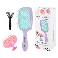 Расческа для волос массажная 20х8,5 см, массажер и щетка для чистки В ПОДАРОК, фиолетовая/мятная, MONTE VITA (МОНТЕ ВИТА), 457431
