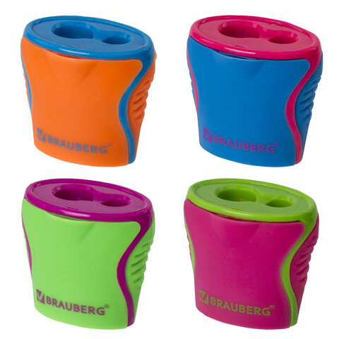 Точилка BRAUBERG "Mix Dual", 2 отверстия для чернографитных карандашей (в том числе утолщенных), с контейнером, корпус ассорти, 228449 по низкой цене оптом Краснодар, Москва, Уфа, Казань, Барнаул, Владивосток, Хабаровск, Сахалин, Красноярск, Екатеренбург, 