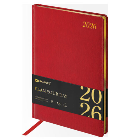 Еженедельник датированный 2026 БОЛЬШОЙ ФОРМАТ 210х297мм А4 BRAUBERG Iguana, под кожу, красный, 117154 по низкой цене оптом 