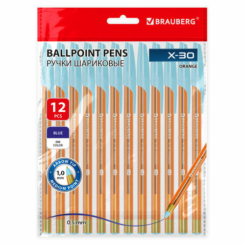 Ручки шариковые BRAUBERG X-30 ORANGE, КОМПЛЕКТ 12 шт., СИНИЕ, пишущий узел 1 мм, линия письма 0,5 мм, 144334 по низкой цене оптом 