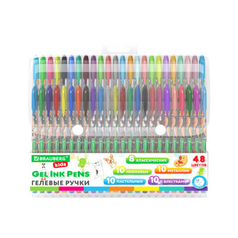 Ручки гелевые BRAUBERG KIDS "CUTE ANIMALS", НАБОР 48 ЦВЕТОВ, корпус с печатью, узел 1 мм, линия письма 0,7 мм, 144449 по низкой цене оптом 