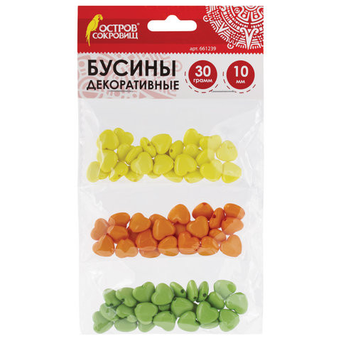 Бусины для творчества "Сердце", 10 мм, 30 грамм, желтые, оранжевые, зеленые, ОСТРОВ СОКРОВИЩ, 661239 по низкой цене оптом 