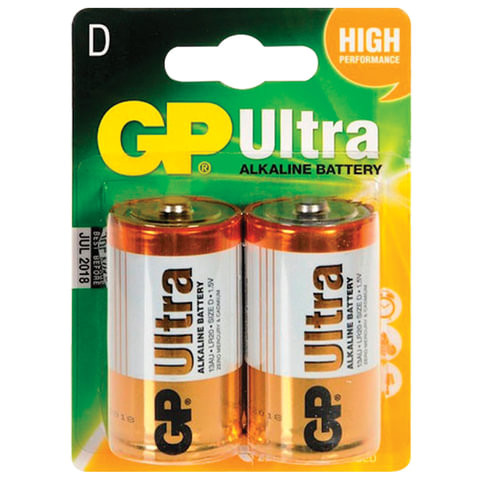 Батарейки GP Ultra, D (LR20, 13А), алкалиновые, КОМПЛЕКТ 2 шт., блистер, 13AU-CR2 по низкой цене оптом Краснодар, Москва, Уфа, Казань, Барнаул, Владивосток, Хабаровск, Сахалин, Красноярск, Екатеренбург, 