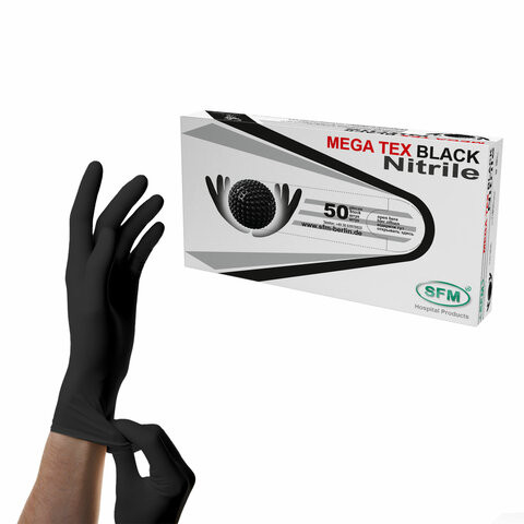 Перчатки нитриловые сверхпрочные с текстурой SFM MEGA TEX BLACK 25 пар (50 штук) XL (очень большой) по низкой цене оптом 