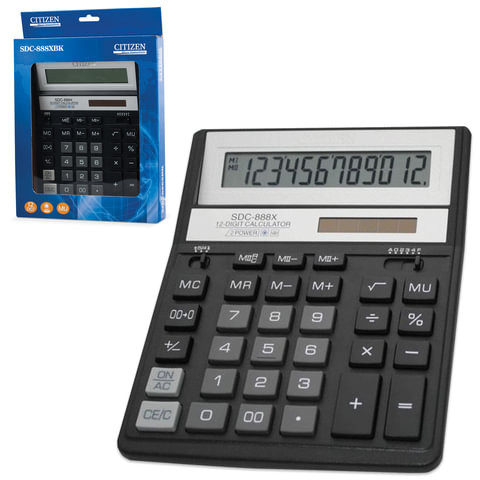 Калькулятор настольный CITIZEN SDC-888ХBK (203х158 мм), 12 разрядов, двойное питание, ЧЕРНЫЙ по низкой цене оптом 