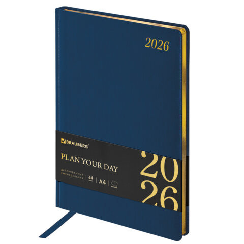 Еженедельник датированный 2026 БОЛЬШОЙ ФОРМАТ 210х297мм А4 BRAUBERG Iguana, под кожу, синий, 117155 по низкой цене оптом 