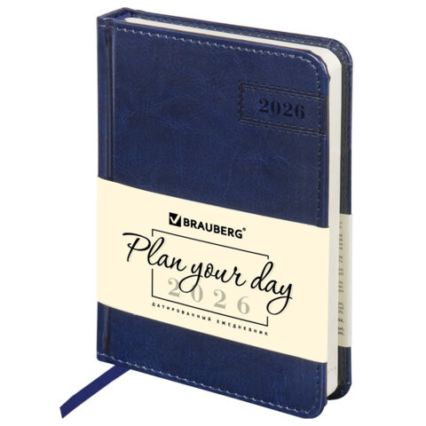 Ежедневник датированный 2026 МАЛЫЙ ФОРМАТ 100х150мм А6, BRAUBERG Imperial, под кожу, синий, 117255 по низкой цене оптом 