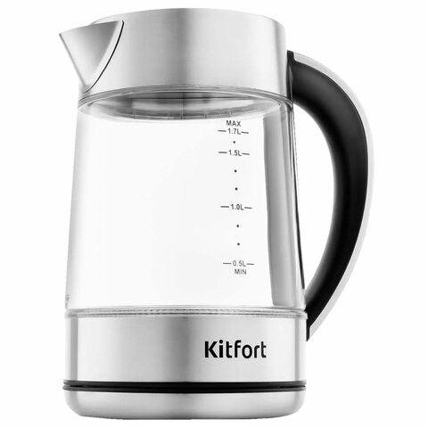 Чайник KITFORT КТ-690, 1,7 л, 2200 Вт, закрытый нагревательный элемент, LED дисплей, ТЕРМОРЕГУЛЯТОР, стекло, серебро по низкой цене оптом Краснодар, Москва, Уфа, Казань, Барнаул, Владивосток, Хабаровск, Сахалин, Красноярск, Екатеренбург, 