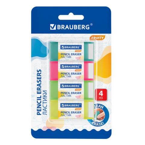 Ластики полупрозрачные BRAUBERG FRUITY НАБОР 4 штуки, размер ластика 54*23*10 мм, упаковка блистер, 271343 по низкой цене оптом Краснодар, Москва, Уфа, Казань, Барнаул, Владивосток, Хабаровск, Сахалин, Красноярск, Екатеренбург, 
