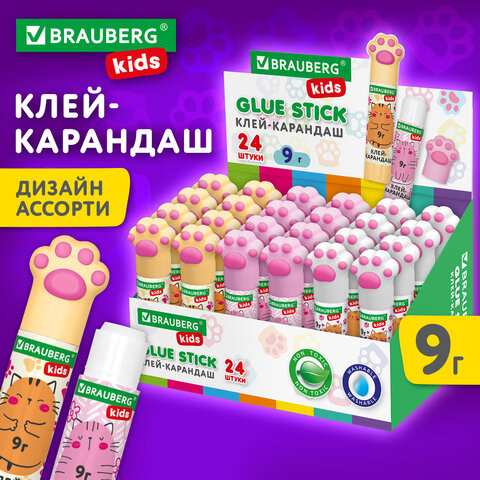 Клей-карандаш "Лапки" Cat Paw, 9 г, фигурный колпачок, BRAUBERG KIDS, 271981 по низкой цене оптом 