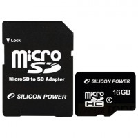 Карта памяти micro SDHC, 16 GB, SILICON POWER, 4 Мб/сек. (class 4), с адаптером, 16GBSTH004V10SP