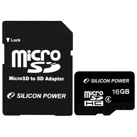 Карта памяти micro SDHC, 16 GB, SILICON POWER, 4 Мб/сек. (class 4), с адаптером, 16GBSTH004V10SP по низкой цене оптом 