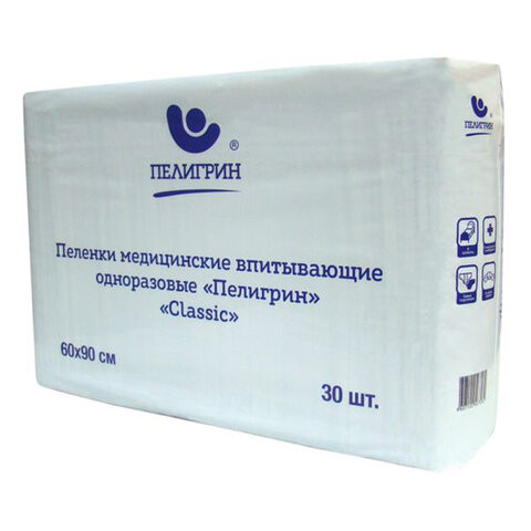 Пеленки 60х90 см, ПЕЛИГРИН Classic, КОМПЛЕКТ 30 шт., впитывающие, одноразовые, ш/к 67, М60х90/30С по низкой цене оптом 