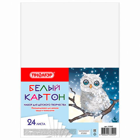 Картон белый А4 немелованный, 24 листа, в пленке, ПИФАГОР, 200х290 мм, "Совушка", 113565 по низкой цене оптом 