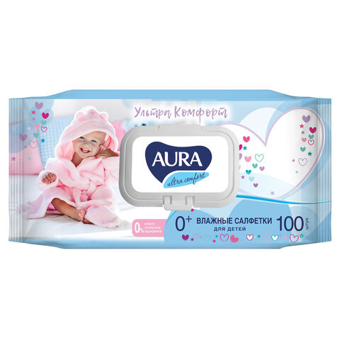 Салфетки влажные КОМПЛЕКТ 100 шт., для детей AURA "Ultra comfort", гипоаллергенные, без спирта, крышка-клапан, 6486 по низкой цене оптом Краснодар, Москва, Уфа, Казань, Барнаул, Владивосток, Хабаровск, Сахалин, Красноярск, Екатеренбург, 