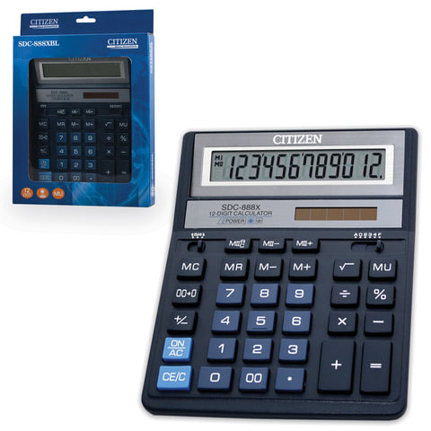 Калькулятор настольный CITIZEN SDC-888XBL (203х158 мм), 12 разрядов, двойное питание, СИНИЙ по низкой цене оптом 