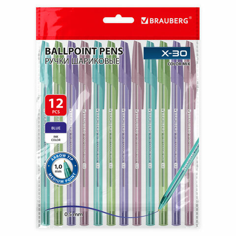 Ручки шариковые BRAUBERG X-30 COLOR MIX, КОМПЛЕКТ 12 ШТ., СИНИЕ, пишущий узел 1 мм, линия письма 0,5 мм, 144336 по низкой цене оптом 