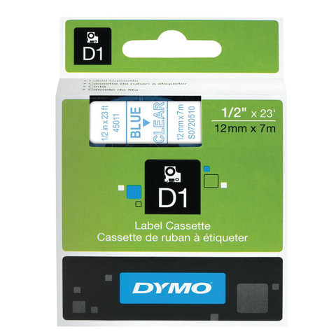 Картридж для принтеров этикеток DYMO D1, 12 мм х 7 м, лента пластиковая, голубой шрифт, прозрачный фон, S0720510 по низкой цене оптом 