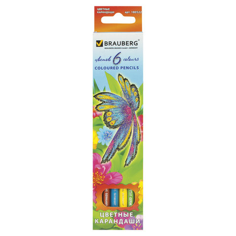 Карандаши цветные BRAUBERG "Wonderful butterfly", 6 цветов, заточенные, картонная упаковка с блестками, 180522 по низкой цене оптом 