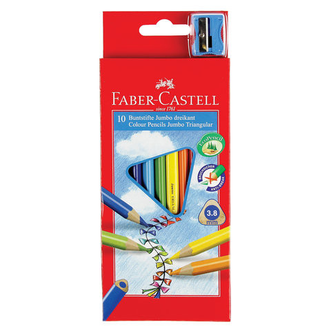 Карандаши цветные утолщенные FABER-CASTELL "Jumbo" 10 цветов, трехгранные, с точилкой, 116510 по низкой цене оптом Краснодар, Москва, Уфа, Казань, Барнаул, Владивосток, Хабаровск, Сахалин, Красноярск, Екатеренбург, 