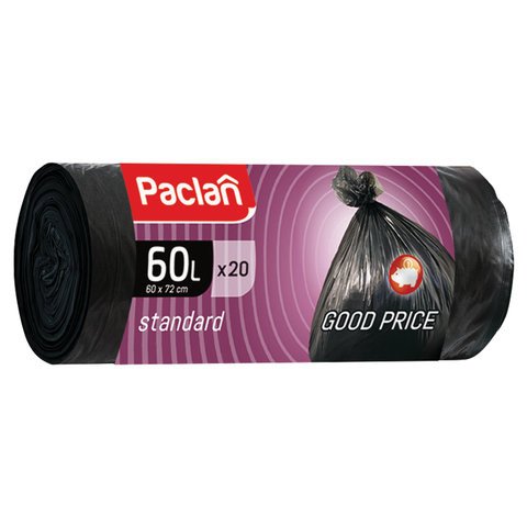 Мешки для мусора 60 л, черные, в рулоне 20 шт., ПНД, 7,4 мкм, 60х72 см, PACLAN "Standard" по низкой цене оптом 