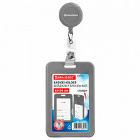 Бейдж вертикальный (85х54 мм), с рулеткой 70 см с клипом, СЛАЙДЕР, серый, BRAUBERG EXTRA, 238846