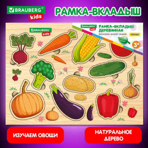 Рамка-вкладыш деревянная развивающая "Овощи", 22х30 см, BRAUBERG KIDS, 665255 по низкой цене оптом Краснодар, Москва, Уфа, Казань, Барнаул, Владивосток, Хабаровск, Сахалин, Красноярск, Екатеренбург, 