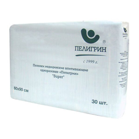 Пеленки 60х90 см, ПЕЛИГРИН Super, КОМПЛЕКТ 30 шт., впитывающие, одноразовые, ш/к 6709, М60х90/30S по низкой цене оптом 
