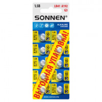 Батарейки алкалиновые "таблетка" КОМПЛЕКТ 10 шт., SONNEN Alkaline, 192A (G3, LR41), в блистере, 457134