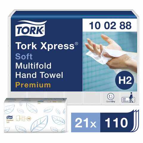 Полотенца бумажные 110 штук, TORK (Система H2) Premium, КОМПЛЕКТ 21 штука, 2-слойные, белые, 21х34, Interfold, 100288 по низкой цене оптом Краснодар, Москва, Уфа, Казань, Барнаул, Владивосток, Хабаровск, Сахалин, Красноярск, Екатеренбург, 